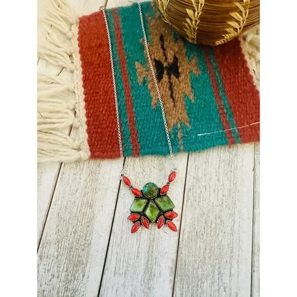 ** Christmas Collection ** Handmade Sterling Silver, Turquoise & Coral Necklace